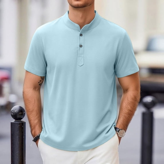Eltusu Men's Casual Polo Shirts, Stand-up Collar Breathable Summer Button Shirts with Short Sleeve Light Blue Size 5XL