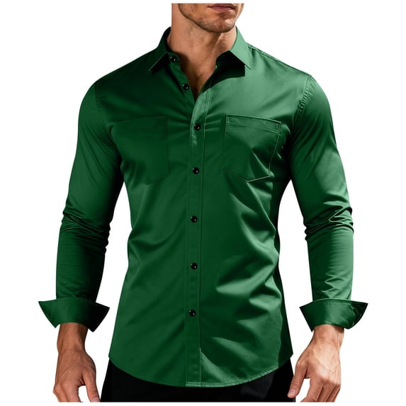Eltusu Men's Collar Dress Shirts, Business Stretch Long Sleeve Breathable Button Down Shirts Green Size 3XL