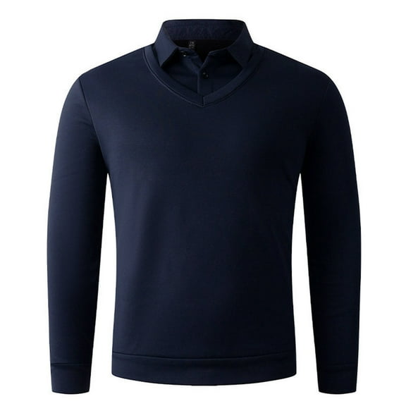 Eltusu Men's Collared Polo Shirts, Pullover Button Business Casual Long Sleeve Shirts Navy Size M