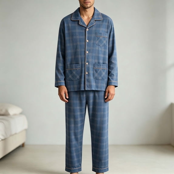 Eltusu Men's Cotton Pajamas Sets 2 Pieces, Soft Button Comfy Long Sleeve Sleepwear Tops and Pants Light Blue Size XL