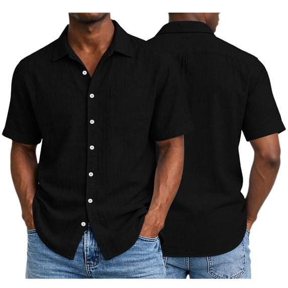 Eltusu Men's Cotton Shirts, Button Up Summer Comfort Lapel Collar Short Sleeve Shirts with Pockets Black Size L