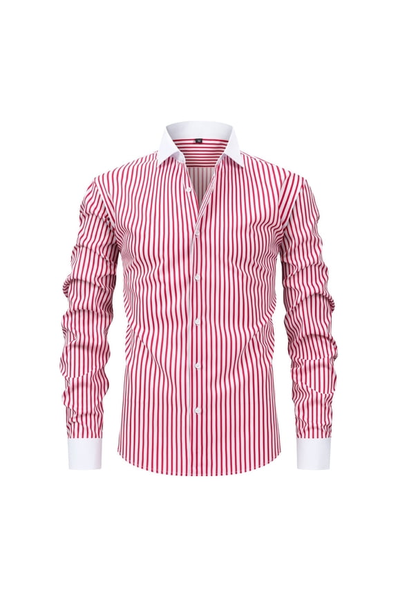 Men's Dress Shirts, Stretch Business Striped Turn Down Collar Long Sleeve Shirts Pink Size 3XL