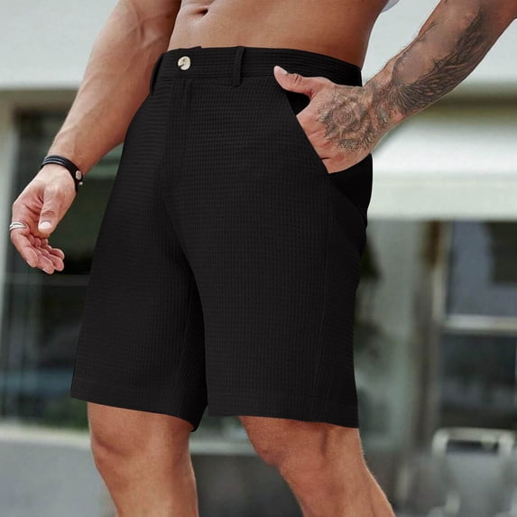 Eltusu Men's Golf Shorts, Straight Legs Knee Length Button Flex Waist Summer Dress Shorts Black Size 3XL