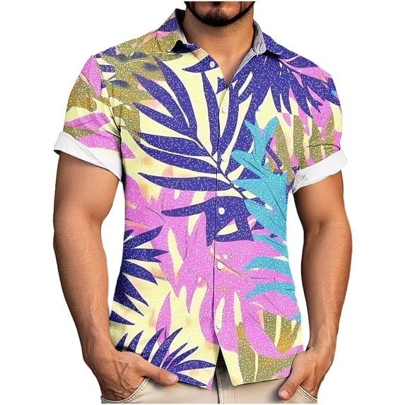 Eltusu Men's Hawaiian Shirts Short Sleeve, Holiday Turn Down Collar Beach Summer Button Down Shirts Purple Size L