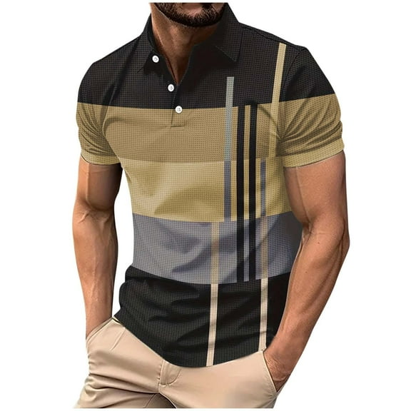 Eltusu Men's Polo Shirts, Button Pullover Summer Lapel Collar Short Sleeve Shirts Khaki Size S