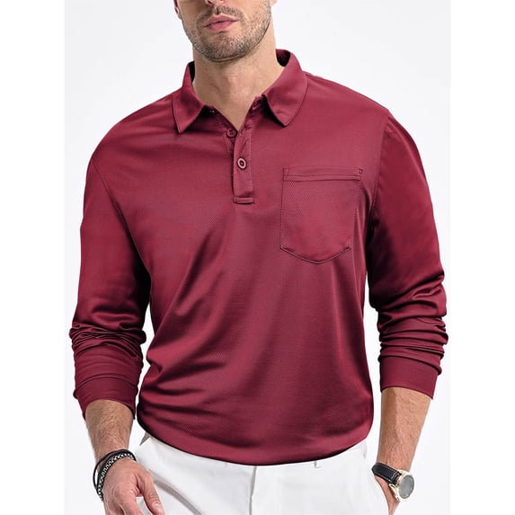 Eltusu Men's Polo Shirts, Button Solid Color Pullover Lapel Collar Long Sleeve Shirts Wine Size XL