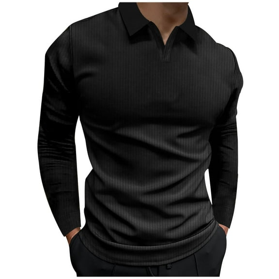 Eltusu Men's Polo Shirts, Casual Button Pullover Solid Color Long Sleeve Shirts Black Size L