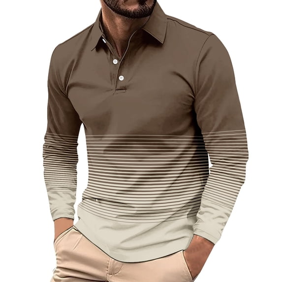 Eltusu Men's Polo Shirts, Comfy Button Lapel Collar Pullover Long Sleeve Shirts Coffee Size S