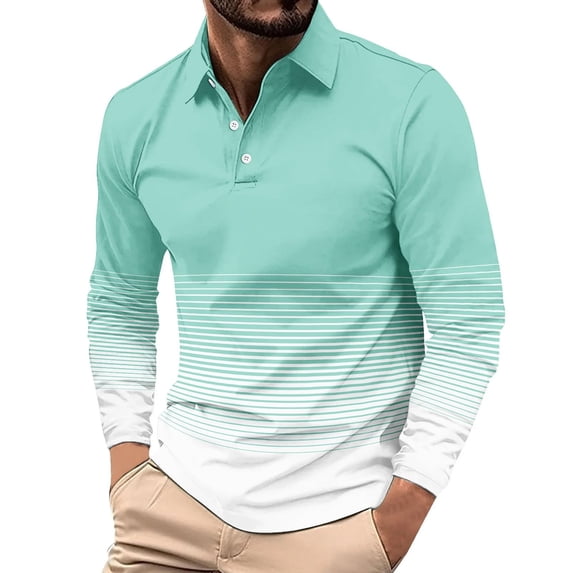 Eltusu Men's Polo Shirts, Comfy Button Pullover Lapel Collar Long Sleeve Shirts Light Blue Size S