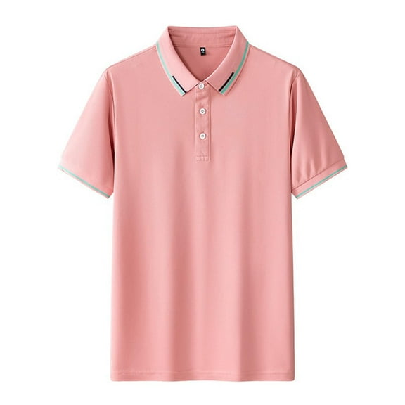 Eltusu Men's Polo Shirts, Lapel Collar Short Sleeve Casual Pullover Summer Shirts Pink Size 2XL