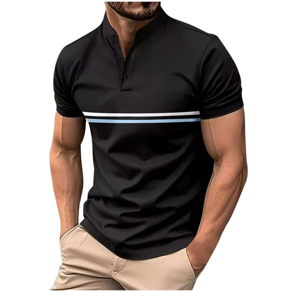 Eltusu Men's Polo Shirts, Pullover Crewneck Short Sleeve Striped Summer Shirts Black Size L