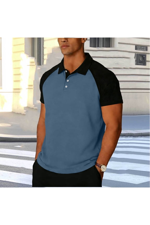 Men's Polo Shirts, Pullover Summer Casual Short Sleeve Shirts with Collar Light Blue Size L