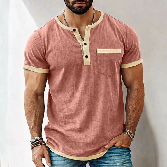 Eltusu Men's Polo Shirts, Summer Button Pullover Crew Neck Shirts with Short Sleeve Pink Size L
