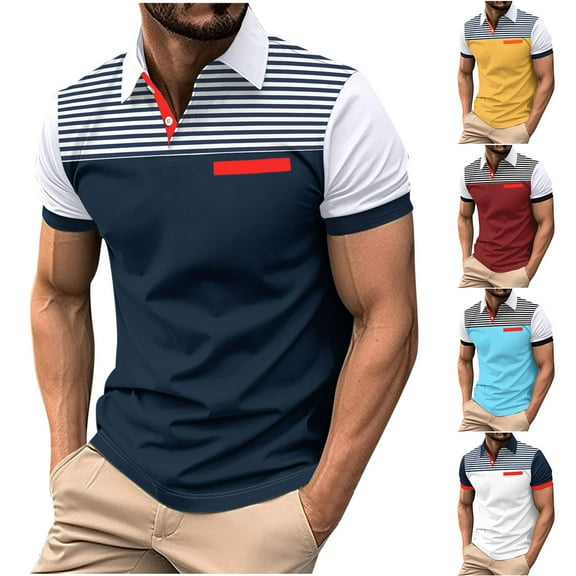Eltusu Men's Polo Shirts, Turn Down Collar Striped Summer Pullover Short Sleeve Shirts Navy Size 3XL