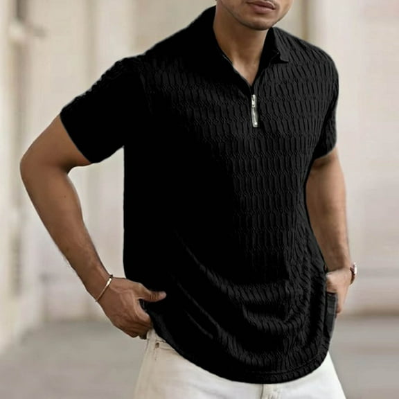 Eltusu Men's Polo Shirts with Collar, Breathable Pullover Zip Up Short Sleeve Summer Shirts Black Size M