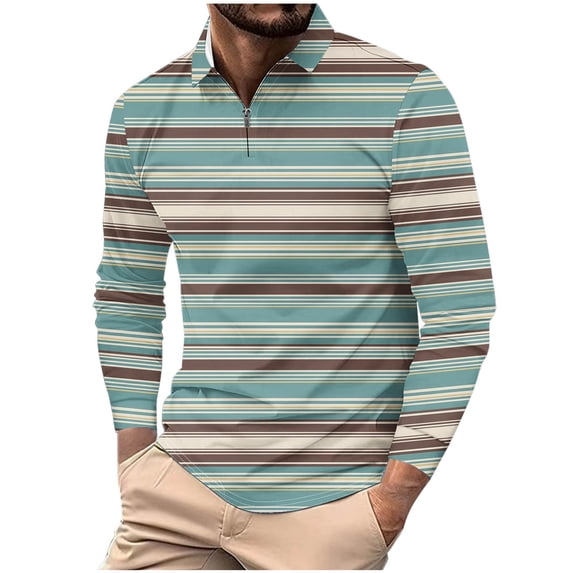 Eltusu Men's Polo Shirts with Collar, Comfy Zip Up Pullover Striped Long Sleeve Shirts Mint Green Size S