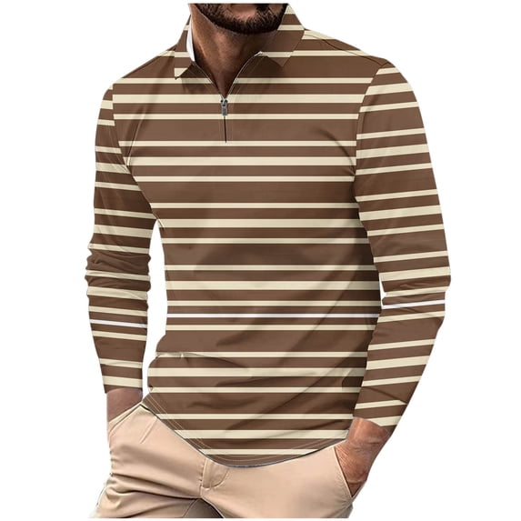 Eltusu Men's Polo Shirts with Collar, Pullover Comfy Zipper Striped Long Sleeve Shirts Coffee Size M