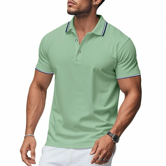 Eltusu Men's Polo Shirts with Collar, Pullover Short Sleeve Casual Lapel Collar Summer Shirts Green Size L
