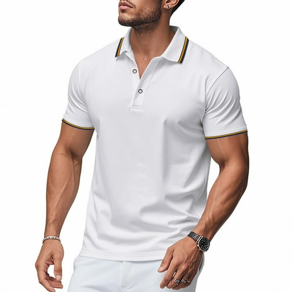 Eltusu Men's Polo Shirts with Collar, Pullover Short Sleeve Casual Lapel Collar Summer Shirts White Size M