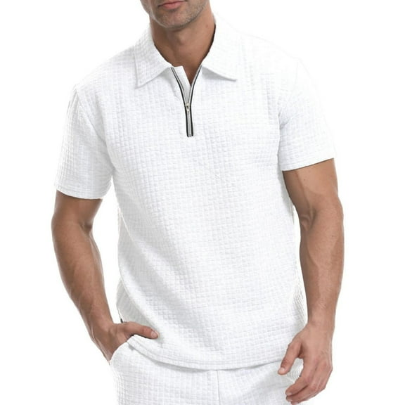 Eltusu Men's Polo Shirts with Collar, Pullover Solid Color Zipper Short Sleeve Summer Shirts White Size L