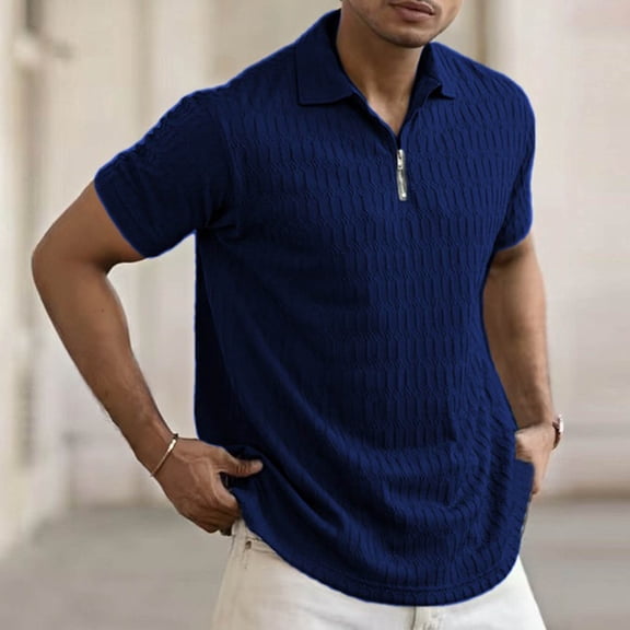 Eltusu Men's Polo Shirts with Collar, Short Sleeve Breathable Zip Up Pullover Summer Shirts Navy Size S
