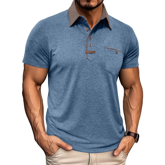 Eltusu Men's Polo Shirts with Collar, Summer Breathable Pullover Casual Short Sleeve Shirts Blue Size L