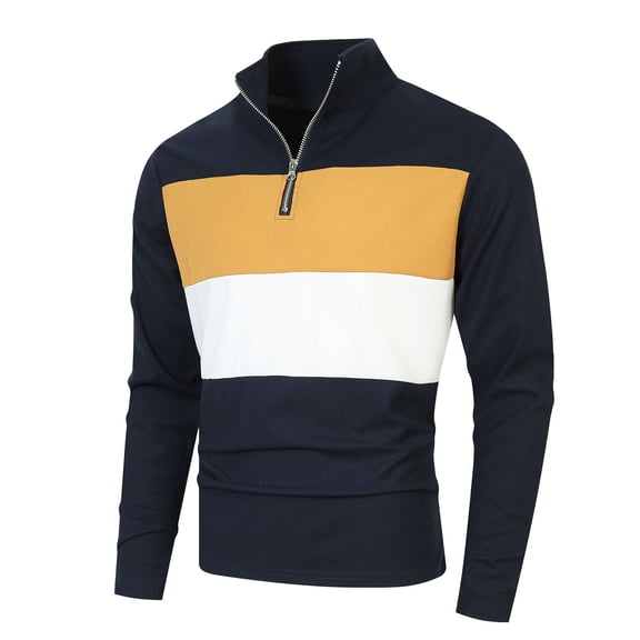 Eltusu Men's Polo Shirts with Collar, Zip Up Comfort Striped Pullover Long Sleeve Shirts Navy Size L