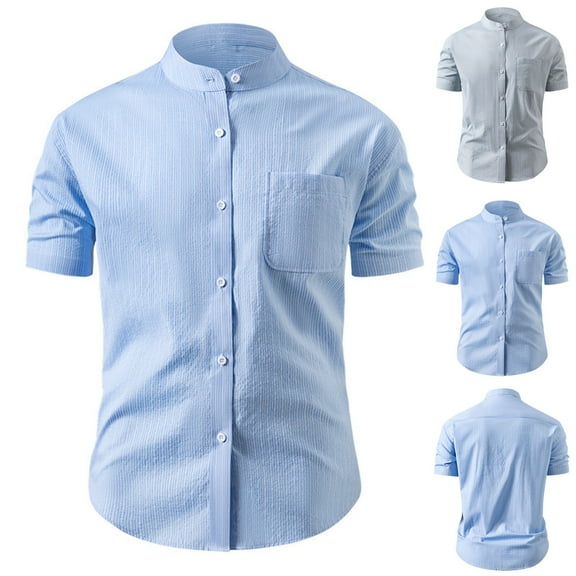 Eltusu Men's Short Sleeve Dress Shirts, Stretchy Solid Color Lapel Collar Summer Button Down Shirts Blue Size M-4XL