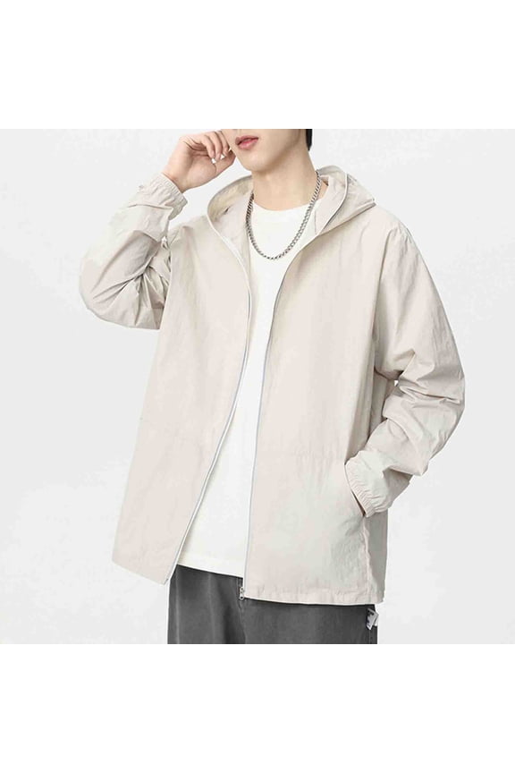 Men's Sun Protection Jackets, Long Sleeve Solid Color UPF 50+ Hooded Summer Rash Guard Beige Size M