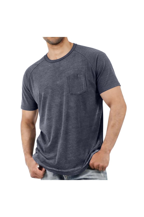 Men's T-Shirts, Crew Neck Basic Short Sleeve Cotton Tee with Pockets Dark Gray Size 3XL