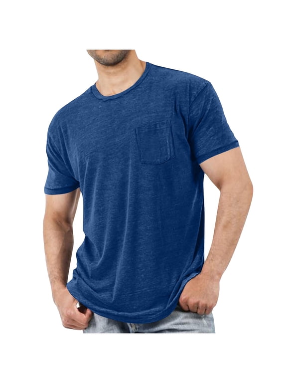 Men's T-Shirts, Short Sleeve Solid Color Crewneck Business Tee with Pockets Dark Blue Size 2XL