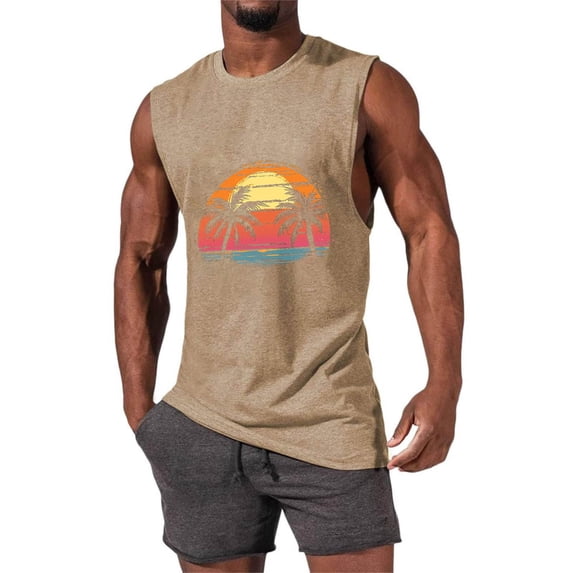 Eltusu Men's Tank Tops, Sleeveless Casual Relaxed Fit Crew Neck Graphic Tee Khaki Size M