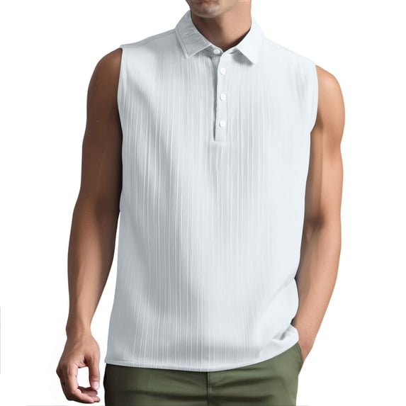 Eltusu Men's Tank Tops, Solid Color Collared Pullover Casual Sleeveless Shirts White Size M