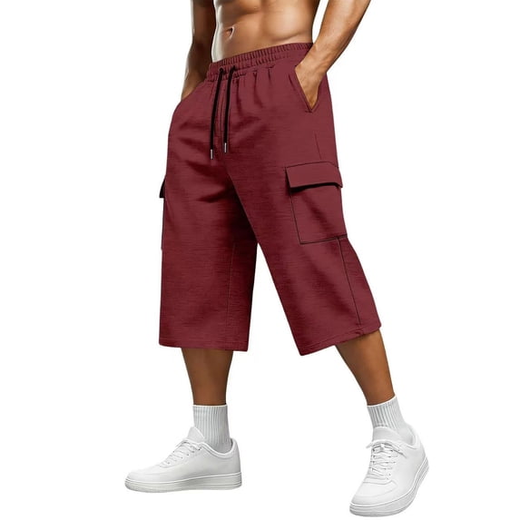 Eltusu Men's Workout Shorts, Below the Knee Relaxed Fit Elastic Waist Multi-Pockets Shorts with Drawstring Wine Size 3XL