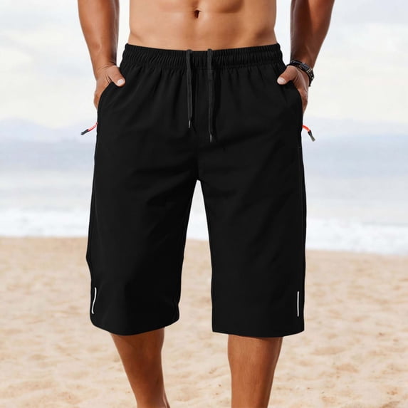 Eltusu Men's Workout Shorts, Elastic Waist Zipper Pockets Below the knee Drawstring Hiking Shorts Black Size L