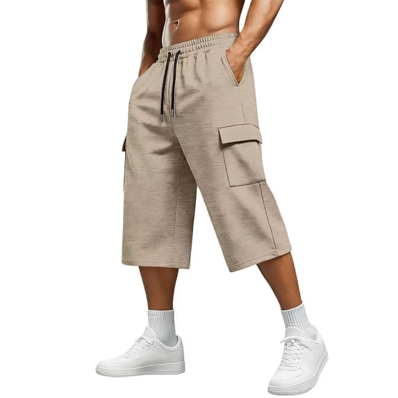 Eltusu Men's Workout Shorts, Relaxed Fit Elastic Waist Below the Knee Multi-Pockets Shorts with Drawstring Beige Size XL