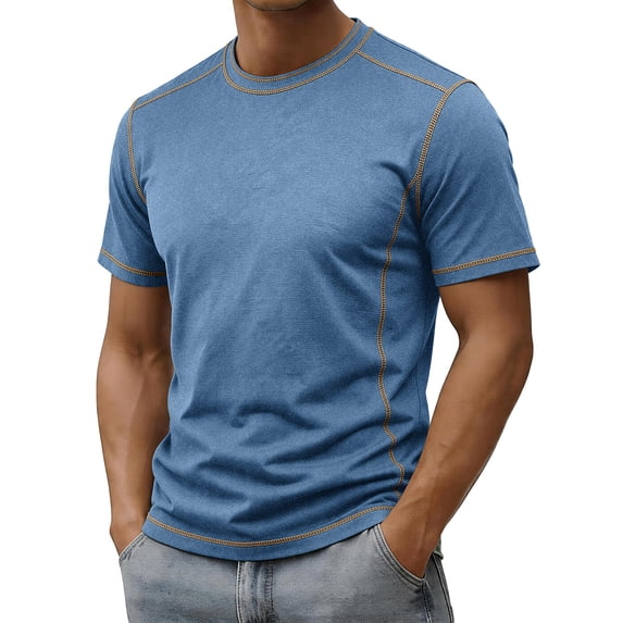 Eltusu Short Sleeve T-Shirts for Men, Solid Color Pullover Crewneck Casual Summer Tee Blue Size 2XL