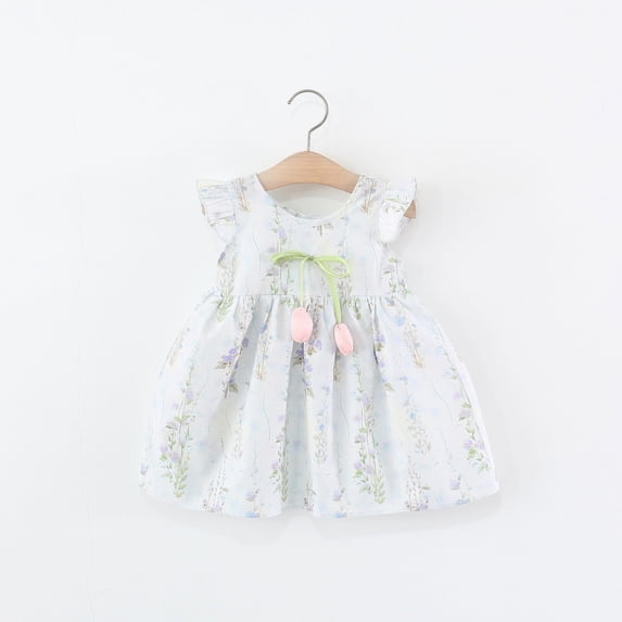 Eltusu Summer Casual Dresses for Girls, Comfort Short Sleeve Crewneck Ruffle Sleeve Kids Dresses Blue Size 12-18 Months