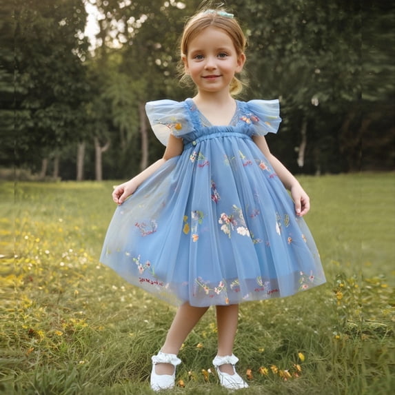 Eltusu Summer Casual Dresses for Girls, Crew Neck Ruffle Sleeve Short Sleeve Mesh Kids Dresses Blue Size 4-5 T