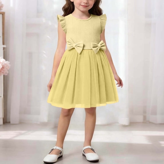 Eltusu Summer Casual Dresses for Girls, Party Ruffle Sleeve Short Sleeve Crewneck Kids Dresses Yellow Size 2-3 T