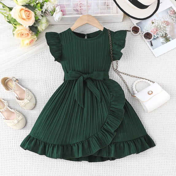 Eltusu Summer Casual Dresses for Girls, Ruffle Sleeve Crew Neck Short Sleeve Fashion Kids Dresses Green Size 6 T