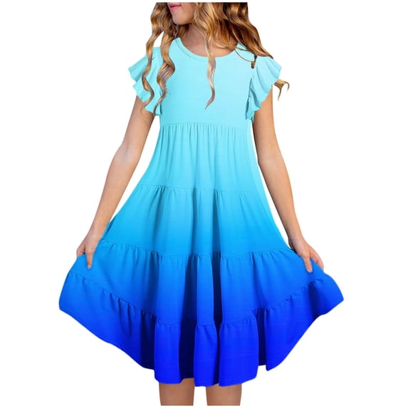 Eltusu Summer Casual Dresses for Girls, Ruffle Sleeve Crew Neck Short Sleeve Gradation Kids Dresses Blue Size 12-13 T