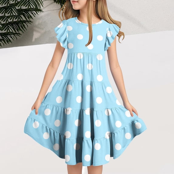 Eltusu Summer Casual Dresses for Girls, Ruffle Sleeve Printed Crewneck Short Sleeve Kids Dresses Blue Size 14-15 T