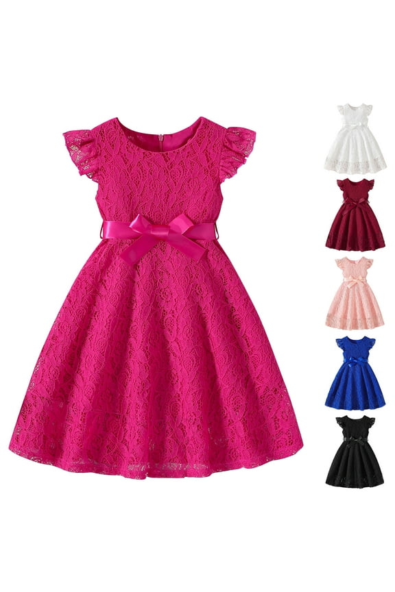 Summer Casual Dresses for Girls, Ruffle Sleeve Short Sleeve Crewneck Lace Kids Dresses Hot Pink Size 8 T