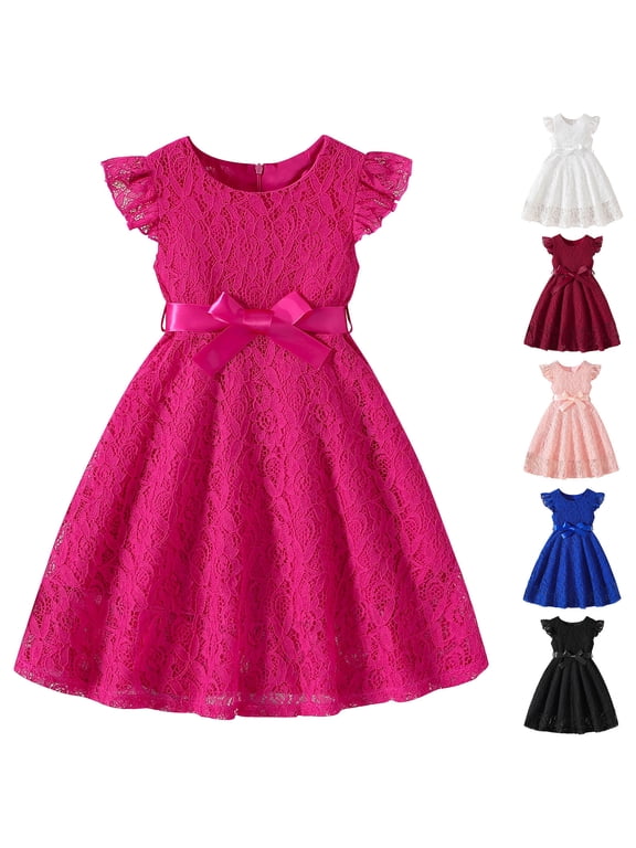 Summer Casual Dresses for Girls, Ruffle Sleeve Short Sleeve Crewneck Lace Kids Dresses Hot Pink Size 8 T