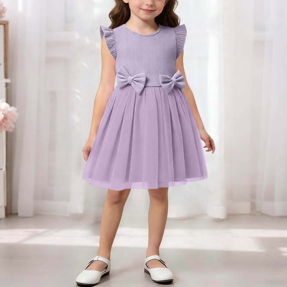 Eltusu Summer Casual Dresses for Girls, Ruffle Sleeve Short Sleeve Party Crewneck Kids Dresses Purple Size 2-3 T