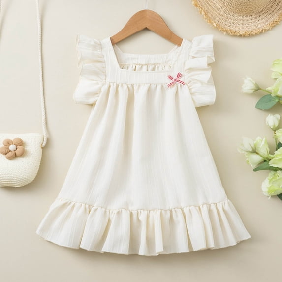 Eltusu Summer Dresses for Girls, Ruffle Sleeve Crew Neck Short Sleeve Princess Kids Clothes Beige Size 2-3T