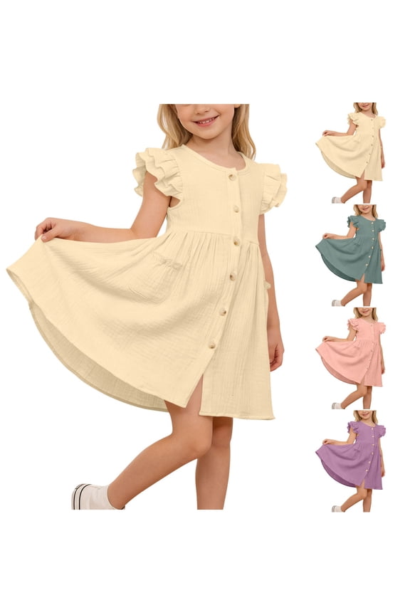 Summer Dresses for Girls, Short Sleeve Crew Neck Casual Cotton Kids Clothes Beige Size 6T