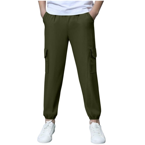 Eltusu Sweatpants for Boys, Casual Solid Color Elastic Bottom Relaxed Fit Pants with Pockets Army Green Size 7-8 T