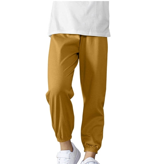 Eltusu Sweatpants for Boys, Elastic Bottom Cotton Relaxed Fit Solid Color Pants with Pockets Khaki Size 10-11T